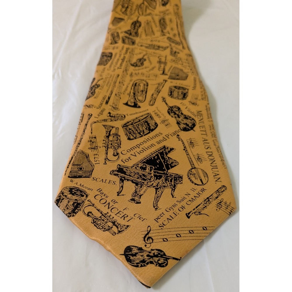 Robin Ruth Silk Gold Tie Illustrated Instruments Orchestra Musical 59 x 4